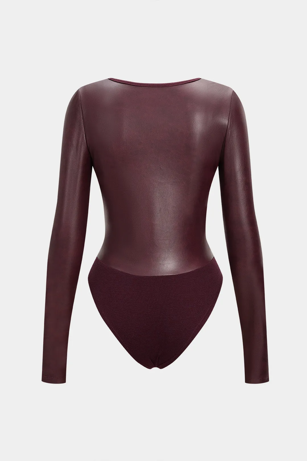 Faux Leather Patchwork Round Neck Long Sleeve Bodysuit sold by Micas product image thumbnail 2