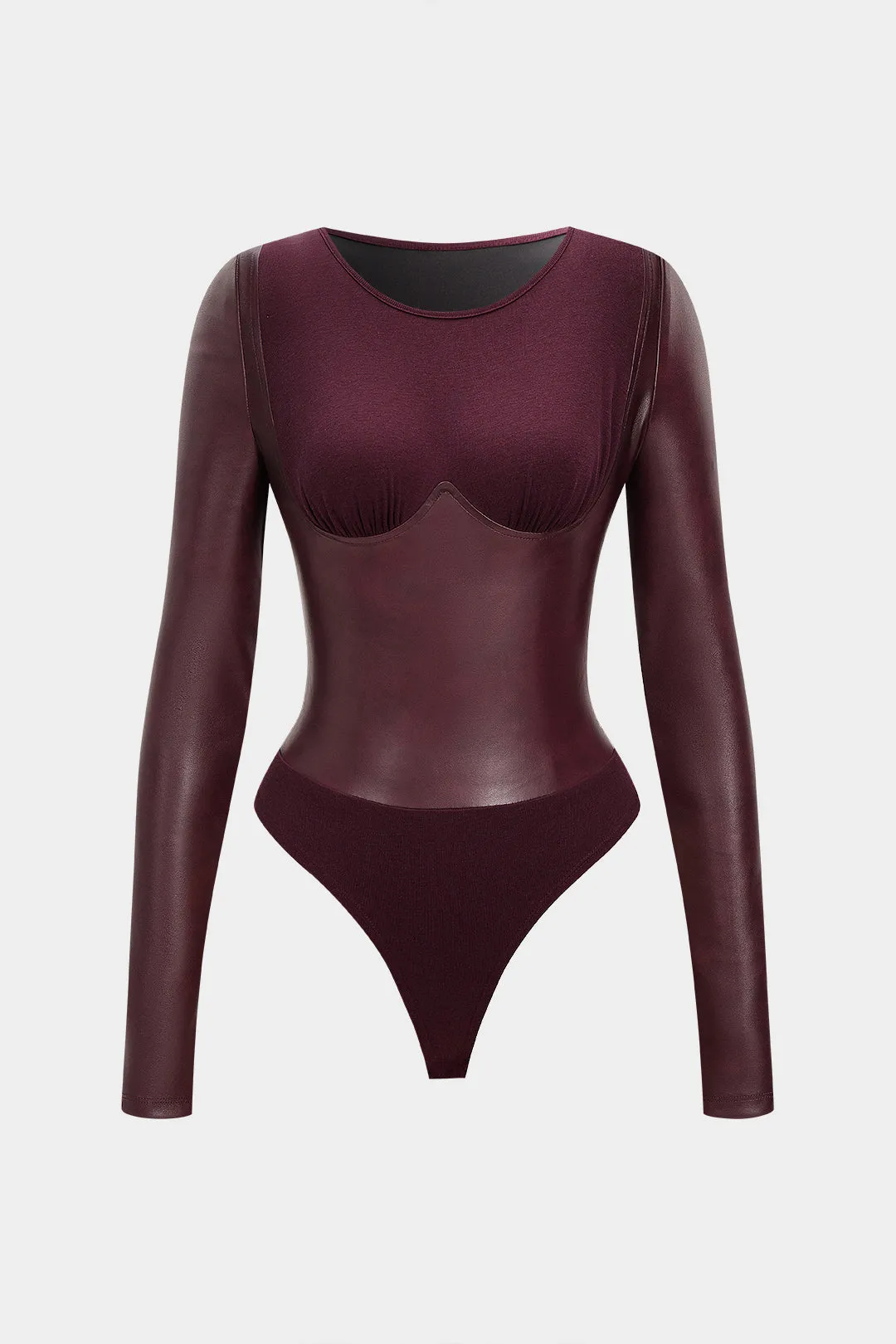 Faux Leather Patchwork Round Neck Long Sleeve Bodysuit sold by Micas