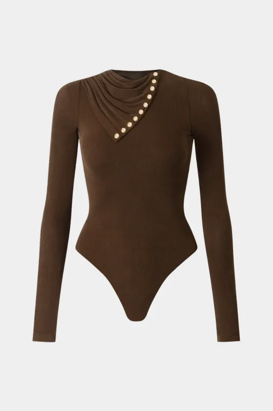 Metallic Button  Asymmetrical Long Sleeve Bodysuit sold by Micas