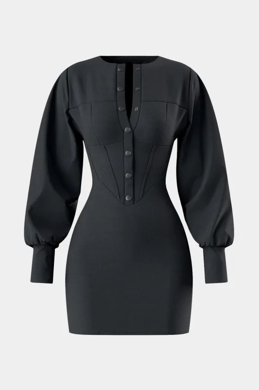 Button Corset Waist Long Sleeve Mini Dress sold by Micas