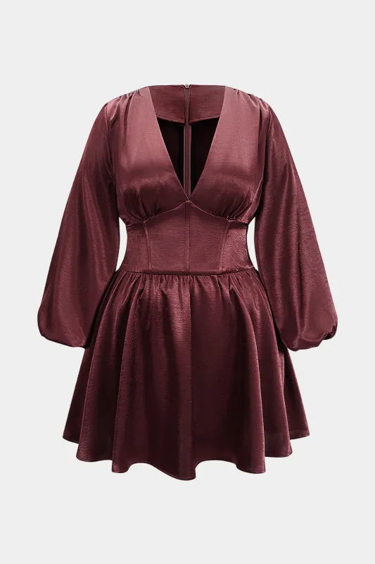 Plus Size Satin V-Neck Ruched Zipper Long Sleeve Mini Dress sold by Micas