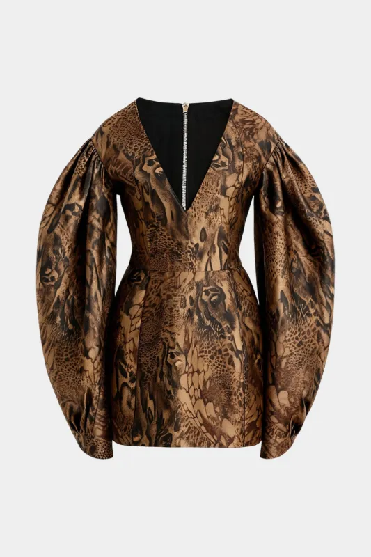 Leopard Floral Print Suede Zipper Ruched Long Sleeve Mini Dress sold by Micas