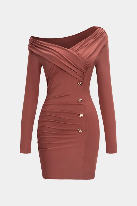 Ruched Asymmetrical Neck Button Long Sleeve Mini Dress sold by Micas