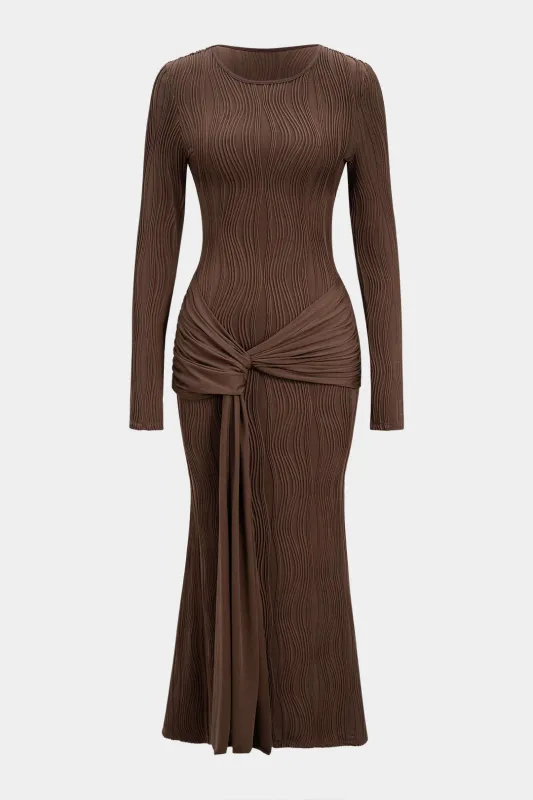 Patchwork Round Neck Tie Front Ruched Long Sleeve Maxi Dress sold by Micas