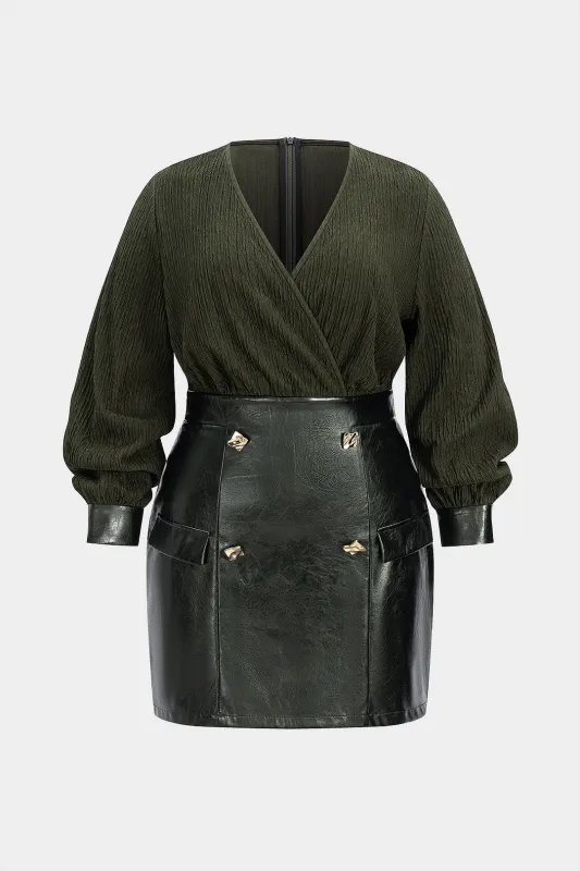 Plus Size Faux Leather Patchwork V-Neck Button Long Sleeve Mini Dress sold by Micas