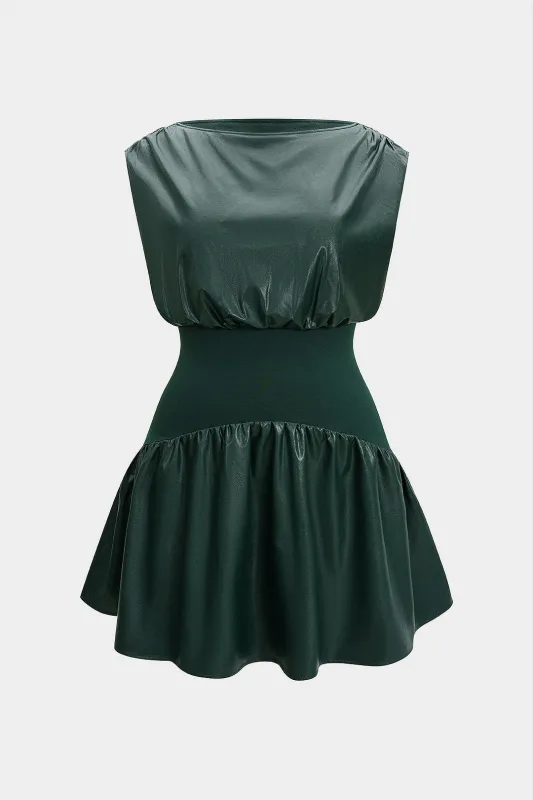 Plus Size Faux Leather Denim Patchwork Boat Neck Sleeveless Mini Dress sold by Micas