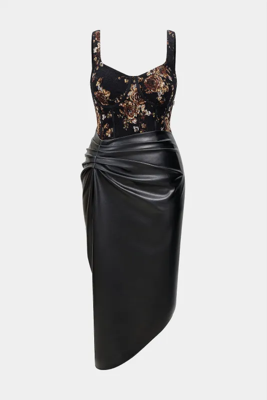 Plus Size Floral Print Faux Leather Patchwork Bustier Sleeveless Maxi Dress sold by Micas