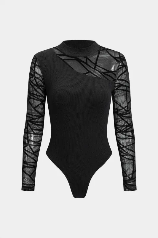 Lace Patchwork Round Neck Ribbed Long Sleeve Bodysuit sold by Micas