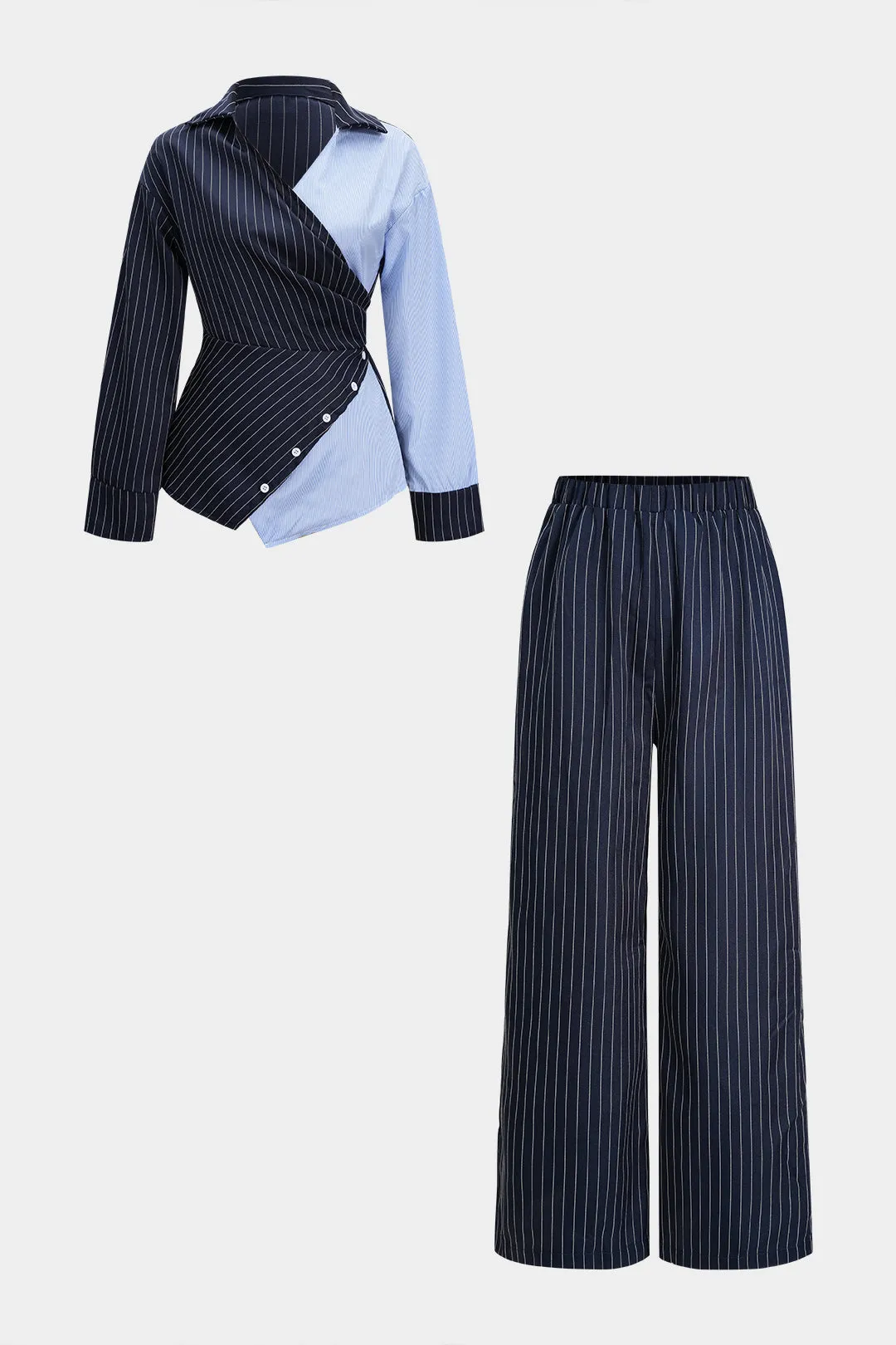 Stripes Print Contrast Tie Back Shirt And Straight Leg Pants Set sold by Micas