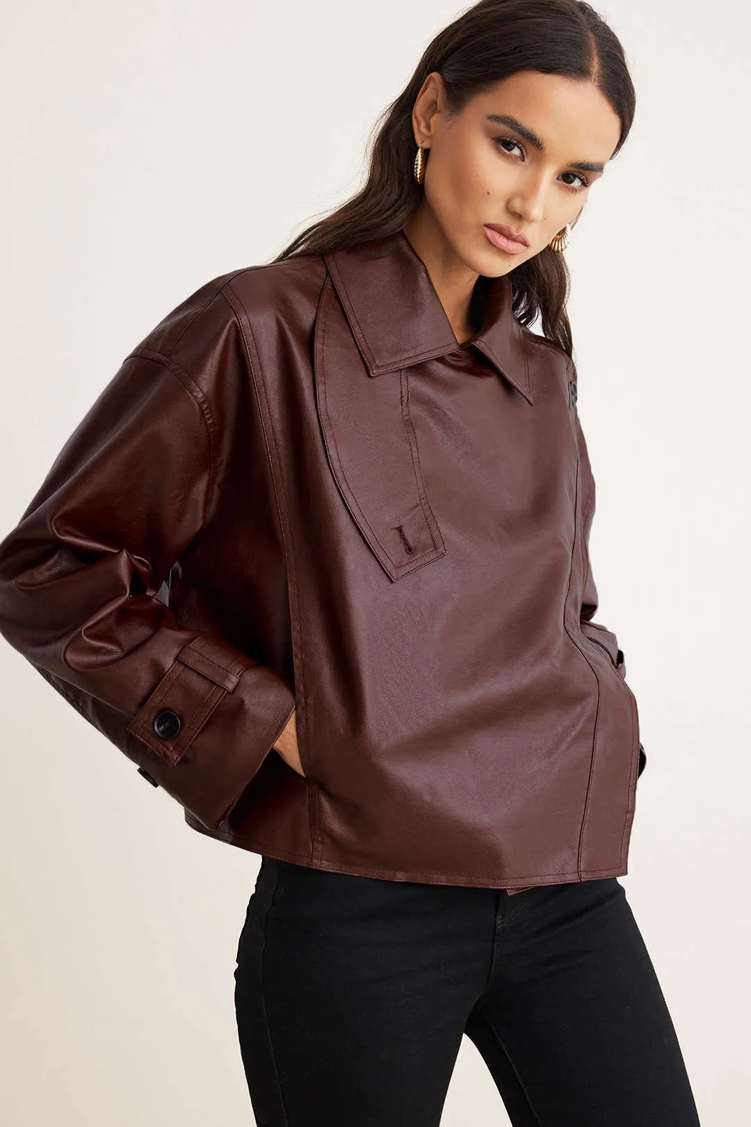 Faux Leather Asymmetrical Cropped Jacket sold by Micas