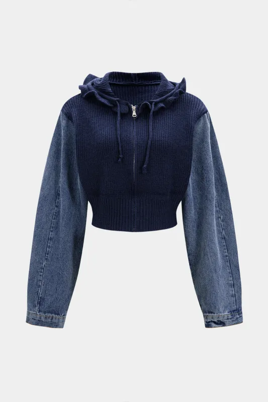 Knit Denim Patchwork Ruffle Ribbed Drawstrings Hooded Cardigan sold by Micas