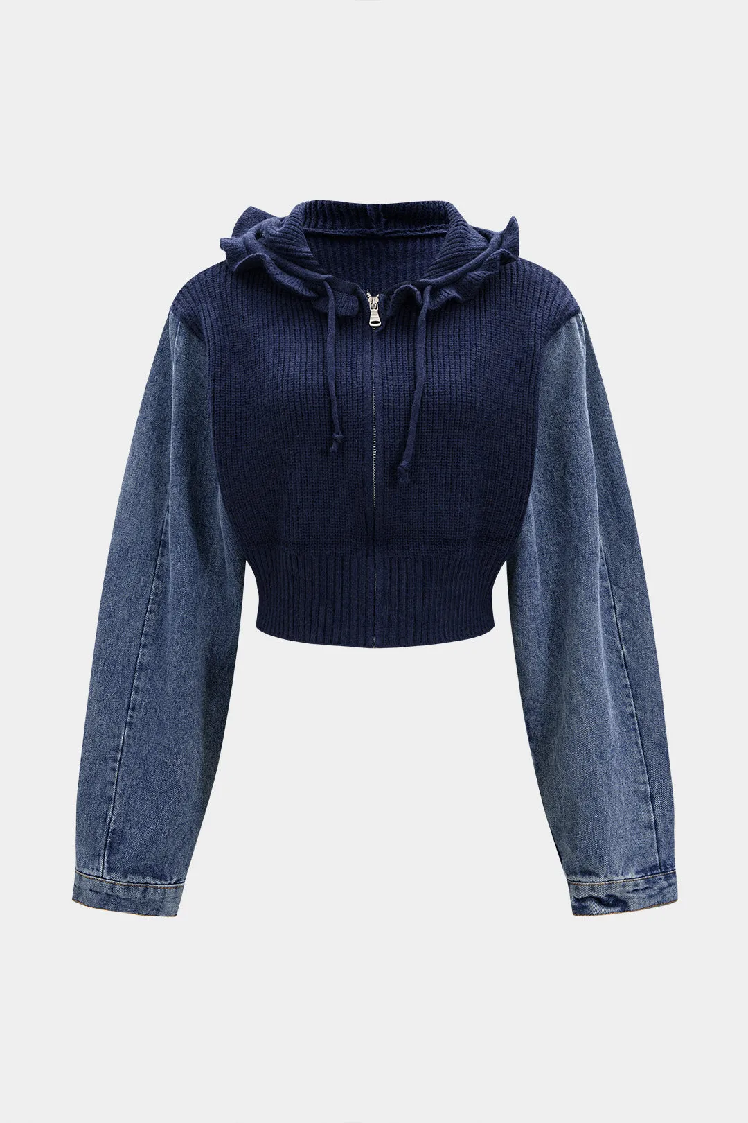 Knit Denim Patchwork Ruffle Ribbed Drawstrings Hooded Cardigan sold by Micas