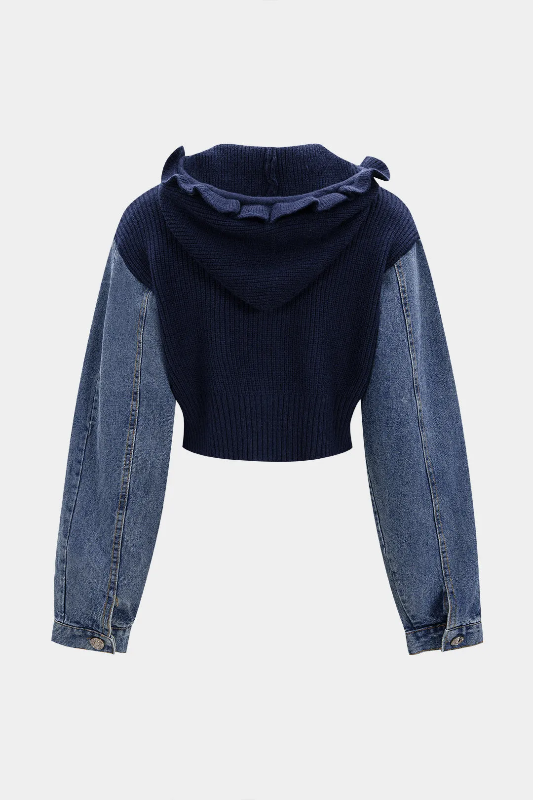 Knit Denim Patchwork Ruffle Ribbed Drawstrings Hooded Cardigan sold by Micas product image thumbnail 2