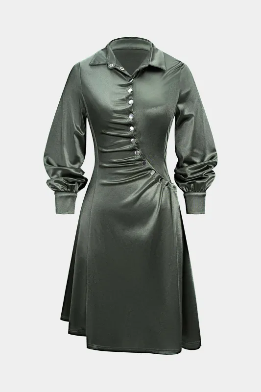 Satin Asymmetrical Button Ruched Long Sleeve Mini Dress sold by Micas