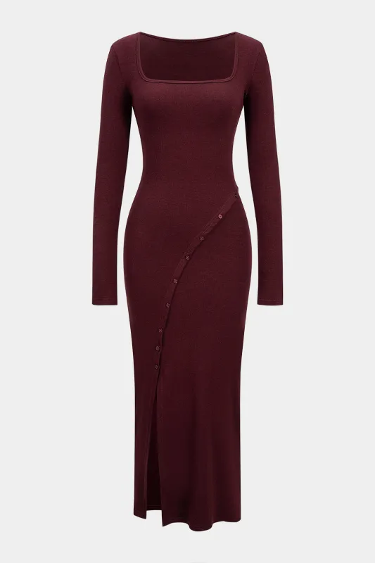 Asymmetrical Button Split Square Neck Long Sleeve Maxi Dress sold by Micas