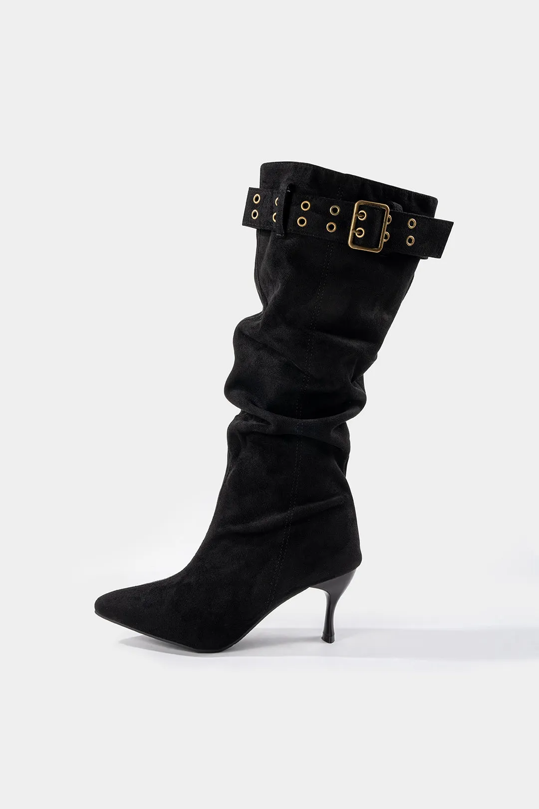 Suede Wrinkled Belted Pointed Toe Knee High Boots sold by Micas product image thumbnail 4