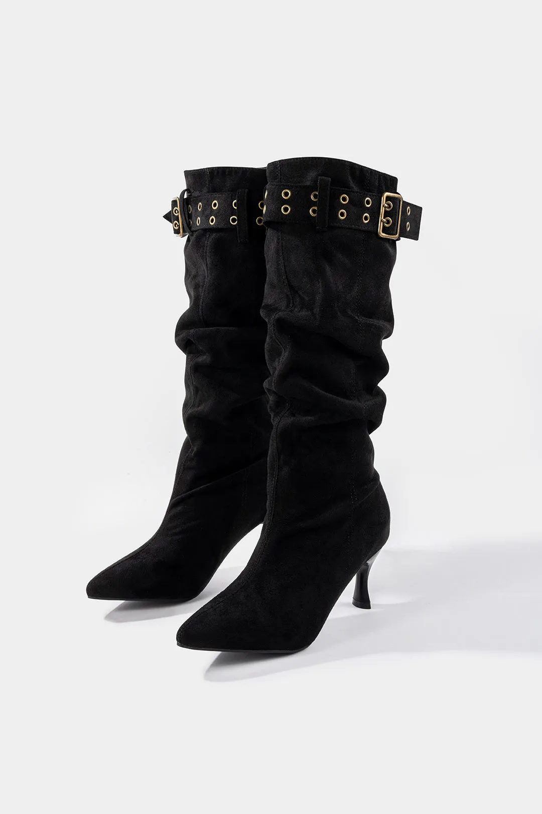 Suede Wrinkled Belted Pointed Toe Knee High Boots sold by Micas