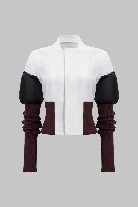 Contrast Faux Leather Patchwork Zipper Puffer sold by Micas