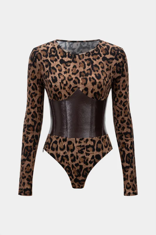 Leopard Print Faux Leather Patchwork Long-Sleeve Bodysuit sold by Micas