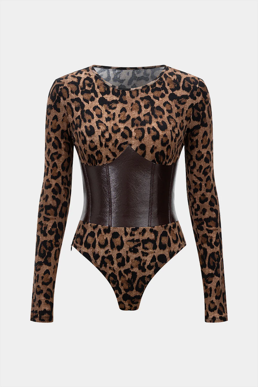 Leopard Print Faux Leather Patchwork Long-Sleeve Bodysuit sold by Micas
