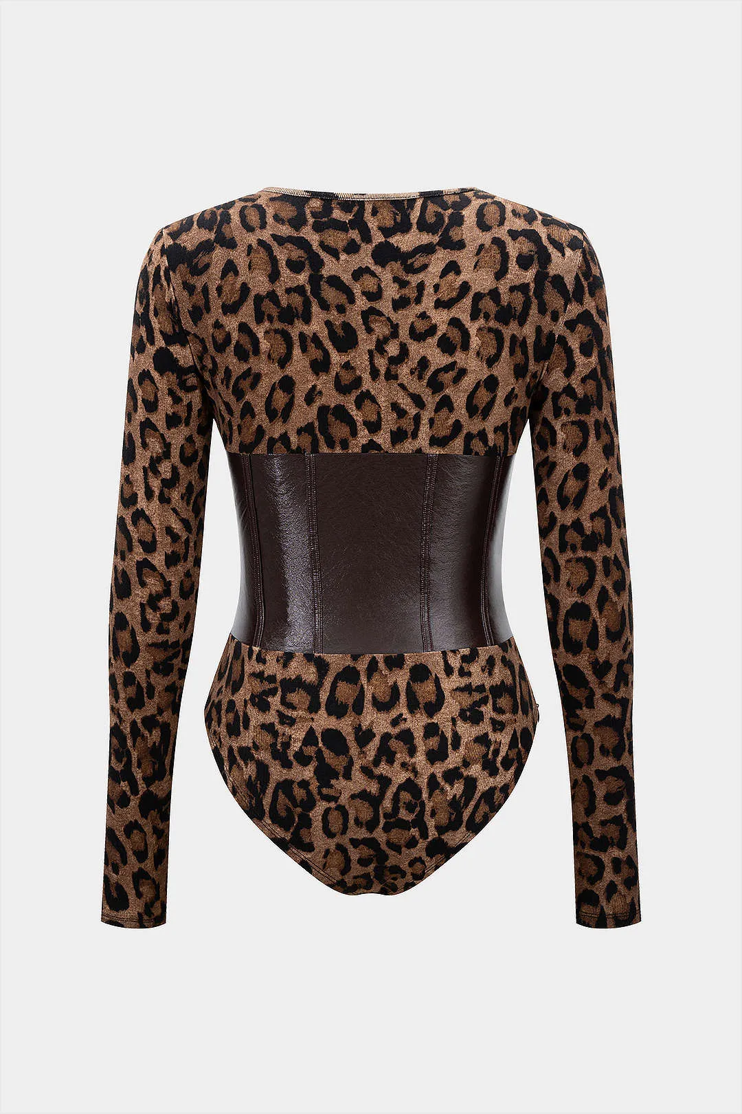Leopard Print Faux Leather Patchwork Long-Sleeve Bodysuit sold by Micas product image thumbnail 2