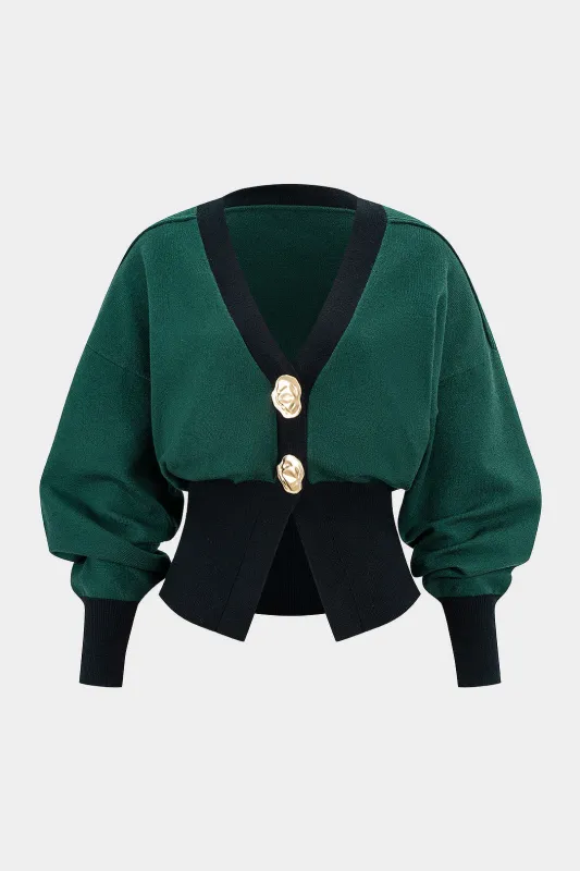 Plus Size Knit Contrast Button V-Neck Cardigan sold by Micas