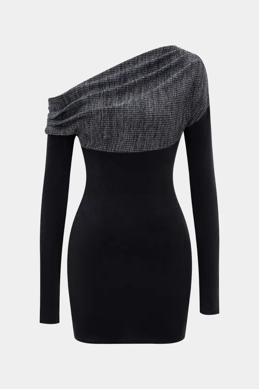 Ribbed Patchwork One Shoulder Ruched Long Sleeve Mini Dress sold by Micas