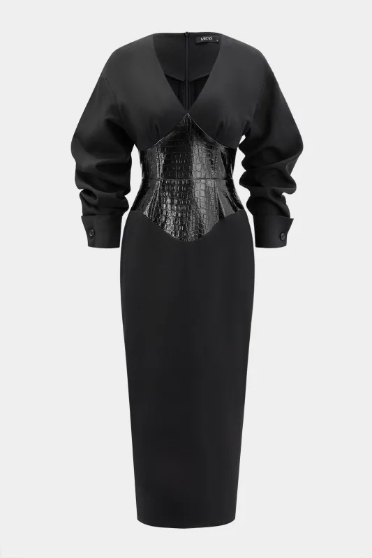 Crocodile Print Faux Leather Patchwork Long Sleeve Maxi Dress made by Micas