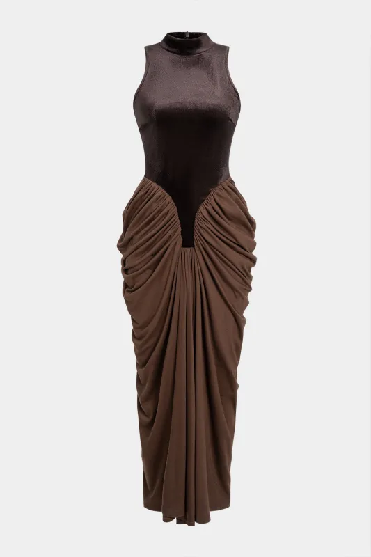 Mock Neck Patchwork Ruched Sleeveless Maxi Dress sold by Micas