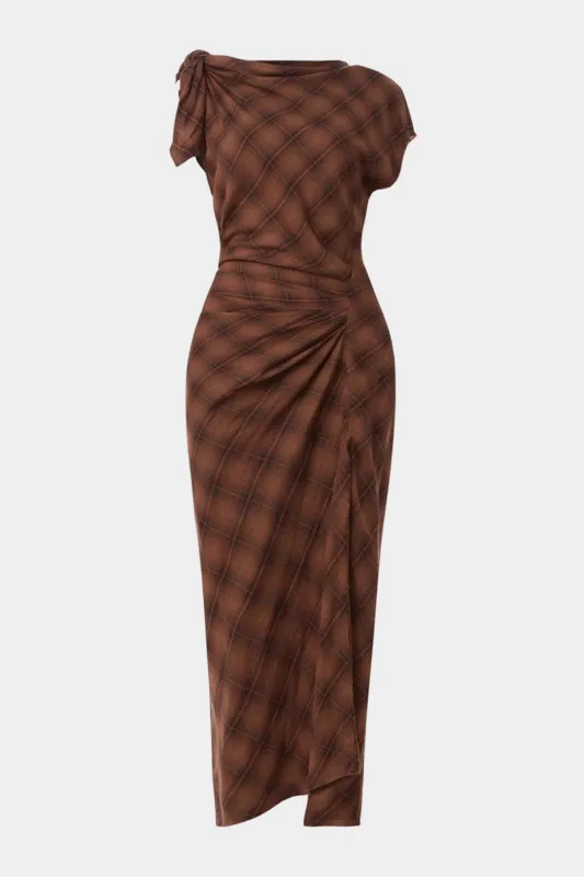 Plaid Print Asymmetrical Ruched Side Slit Maxi Dress sold by Micas