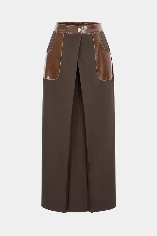 Faux Leather Patchwork Pocket Split Skirt sold by Micas