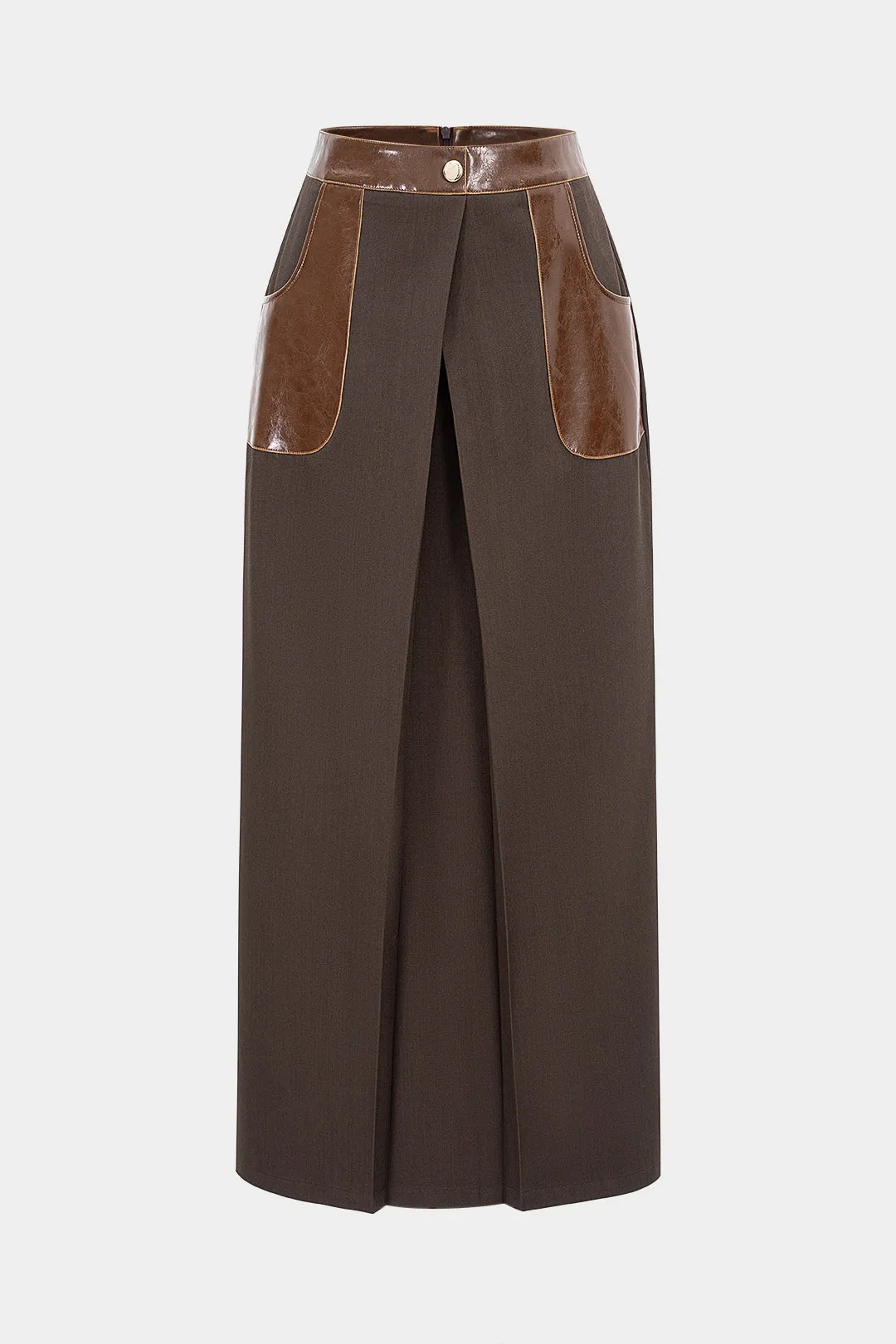 Faux Leather Patchwork Pocket Split Skirt sold by Micas