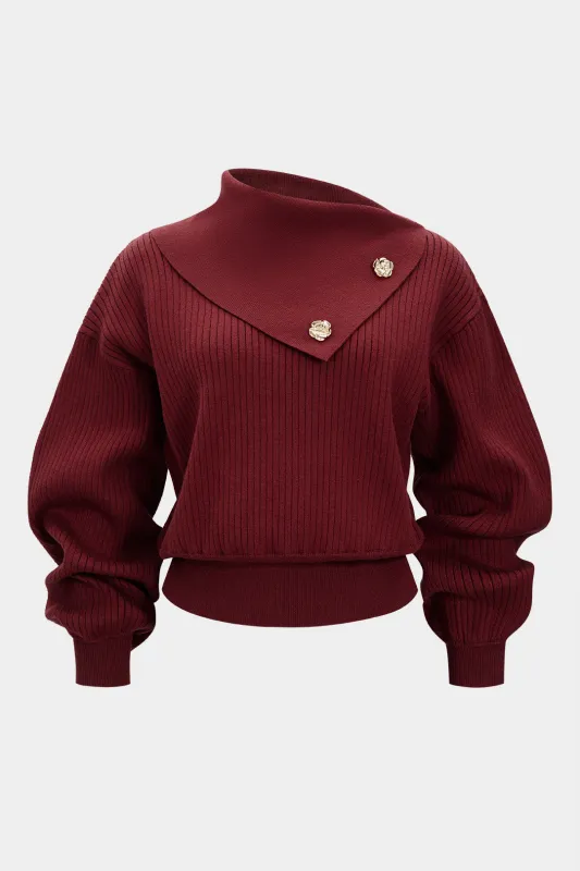 Plus Size Knit Metallic Button Asymmetrical Long-Sleeve Top sold by Micas