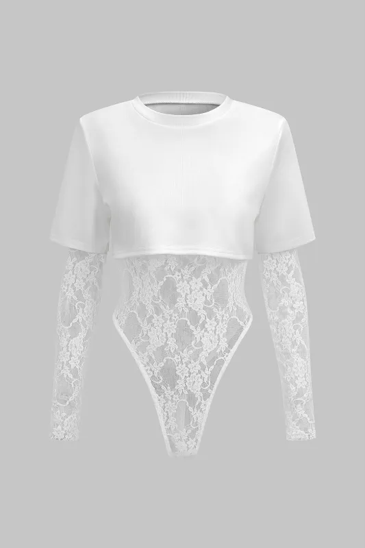 Lace Patchwork Round Neck Long Sleeve Bodysuit sold by Micas