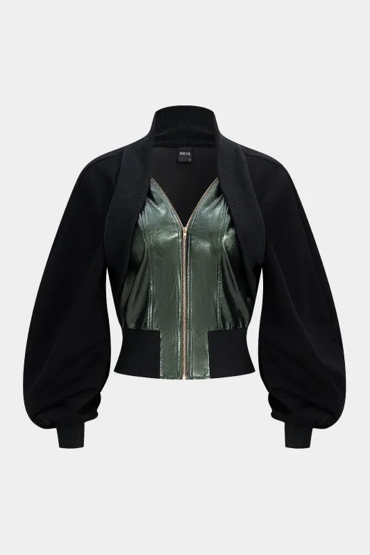 Faux Leather Patchwork V-Neck Zipper Lantern Sleeve Jacket sold by Micas