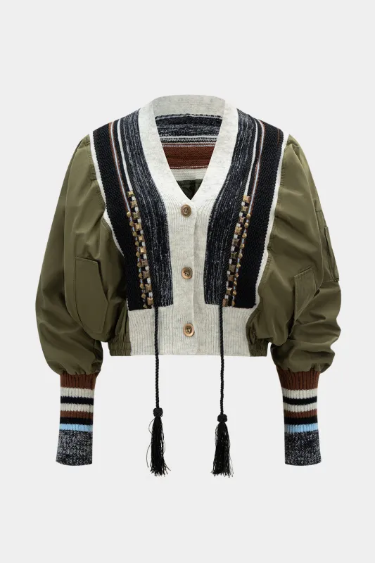 Knit Patchwork V-Neck Studded Fringe Decor Puffer sold by Micas