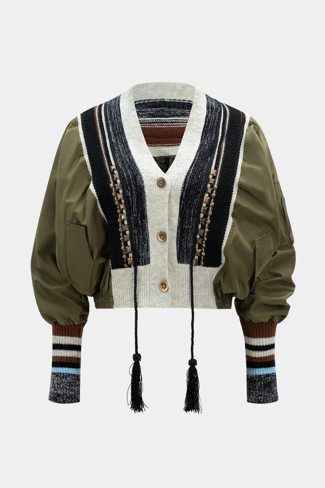 Knit Patchwork V-Neck Studded Fringe Decor Puffer sold by Micas