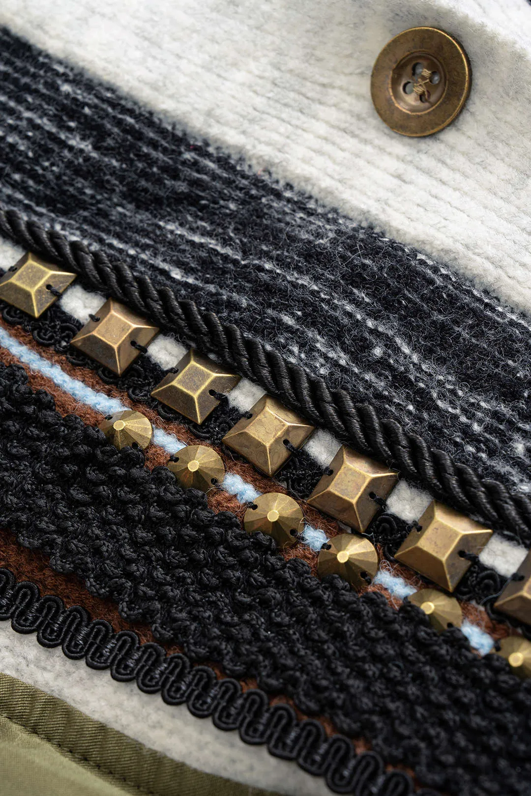 Knit Patchwork V-Neck Studded Fringe Decor Puffer sold by Micas product image thumbnail 3