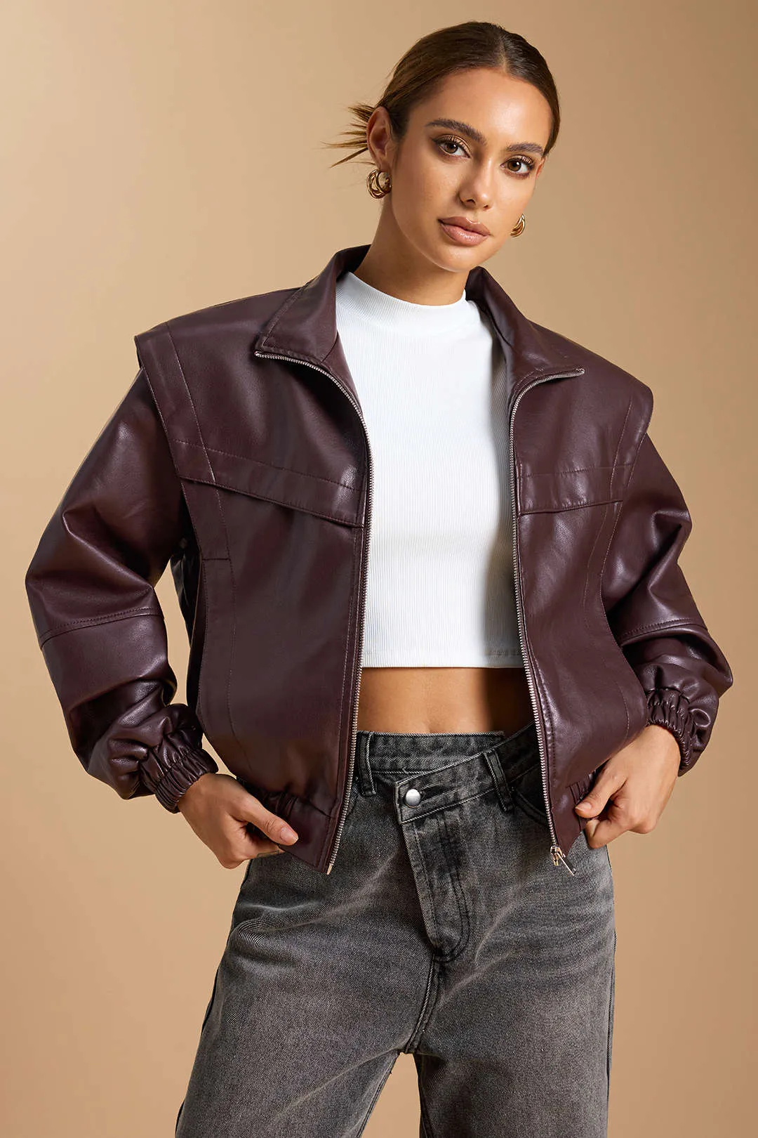 Faux Leather Mock Neck Pocket Zipper Jacket sold by Micas product image thumbnail 4