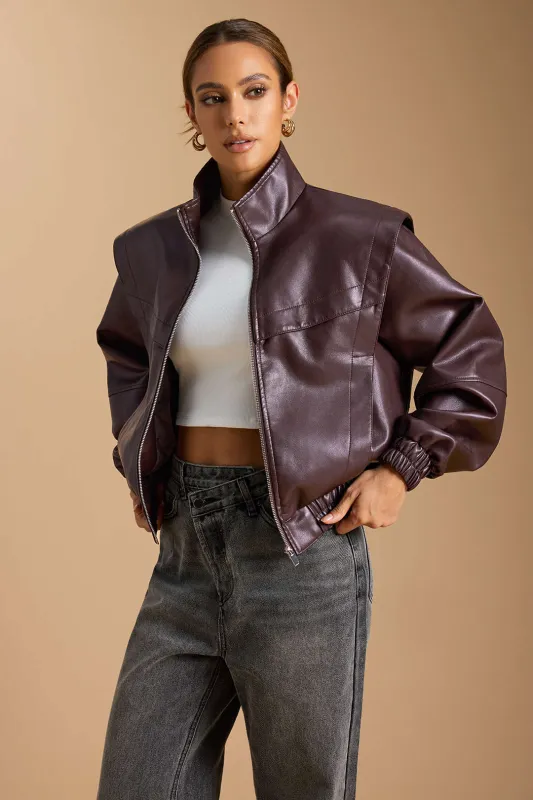 Faux Leather Mock Neck Pocket Zipper Jacket sold by Micas