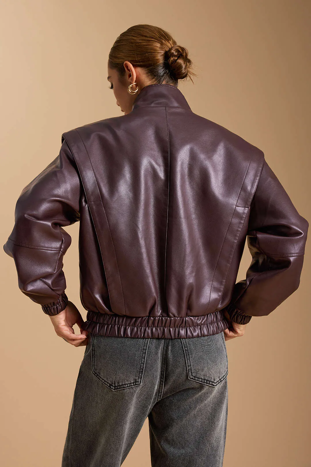 Faux Leather Mock Neck Pocket Zipper Jacket sold by Micas product image thumbnail 5