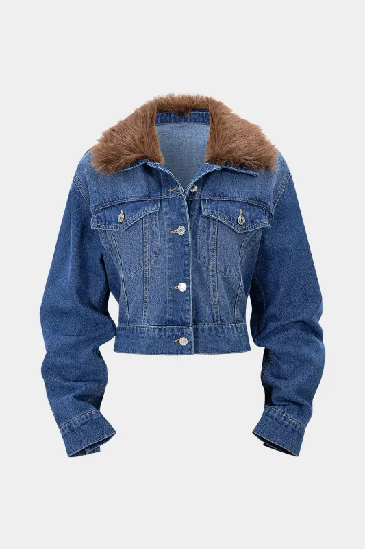 Denim Faux Fur Patchwork Lapel Jacket sold by Micas