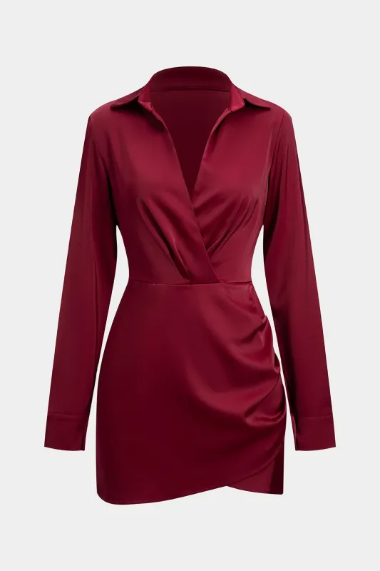 Satin Crossed V-Neck Asymmetrical Ruched Long Sleeve Mini Dress sold by Micas