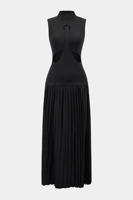 Cut Out Mock Neck Pleated Sleeveless Maxi Dress sold by Micas