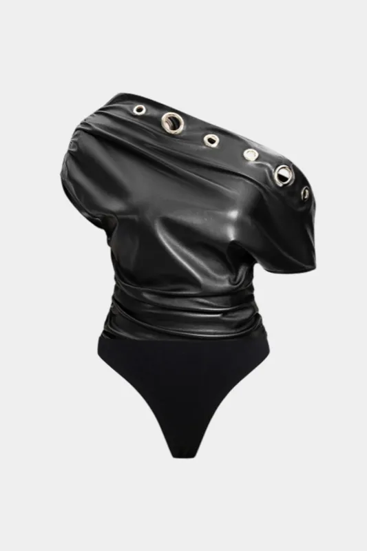 Faux Leather Patchwork Eyelet Decor Asymmetrical One Shoulder Bodysuit sold by Micas