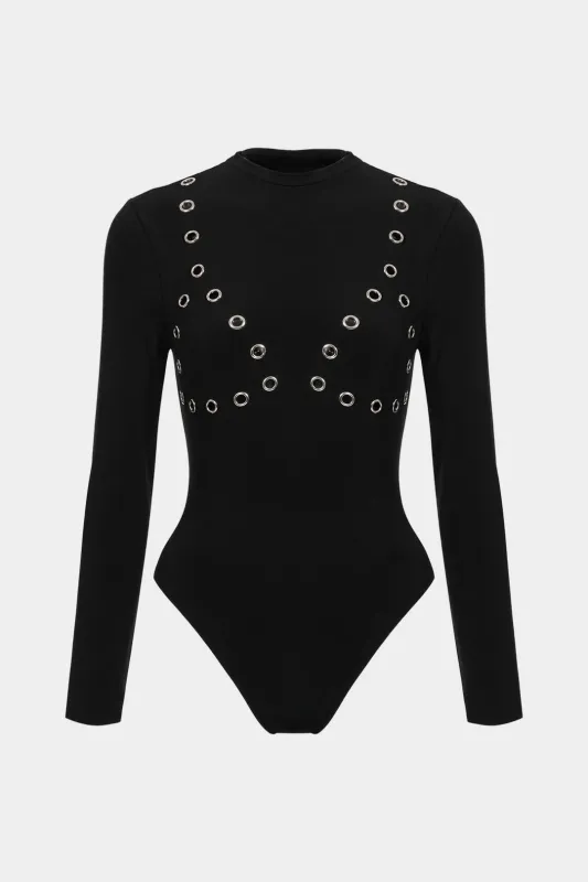 Eyelet Decor Round Neck Long Sleeve Bodysuit sold by Micas