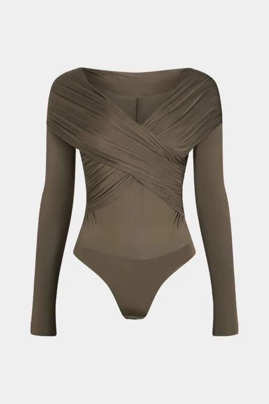 Crossed Ruched V-Neck Long Sleeve Bodysuit sold by Micas