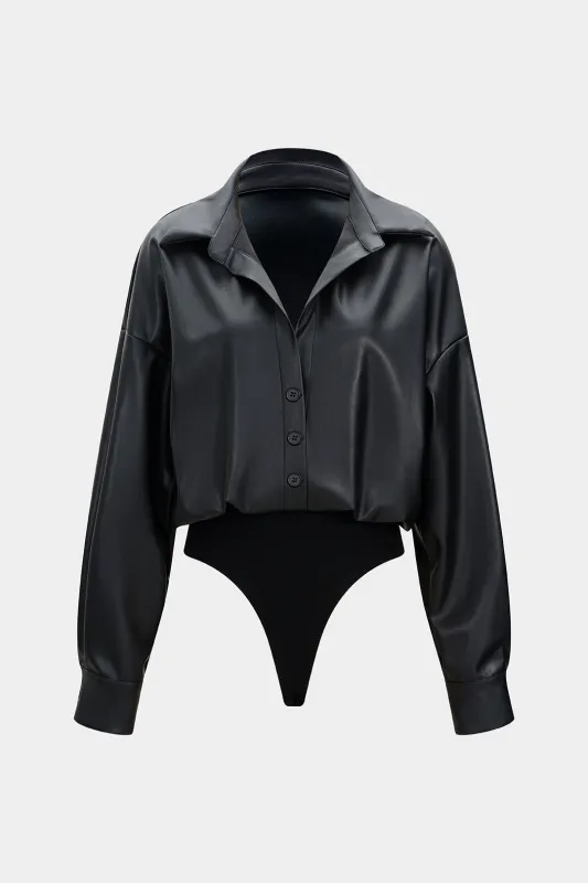 Faux Leather Patchwork Ruched Long Sleeve Bodysuit sold by Micas