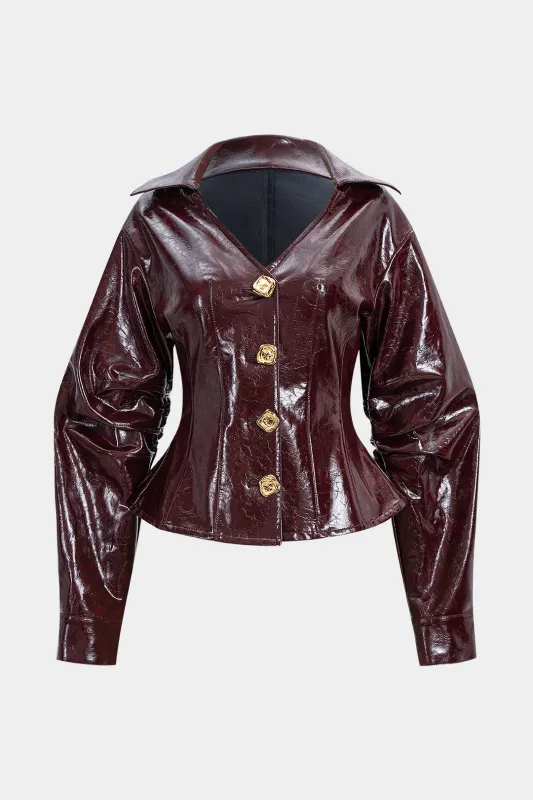Faux Leather V-Neck Metallic Button Ruched Jacket sold by Micas
