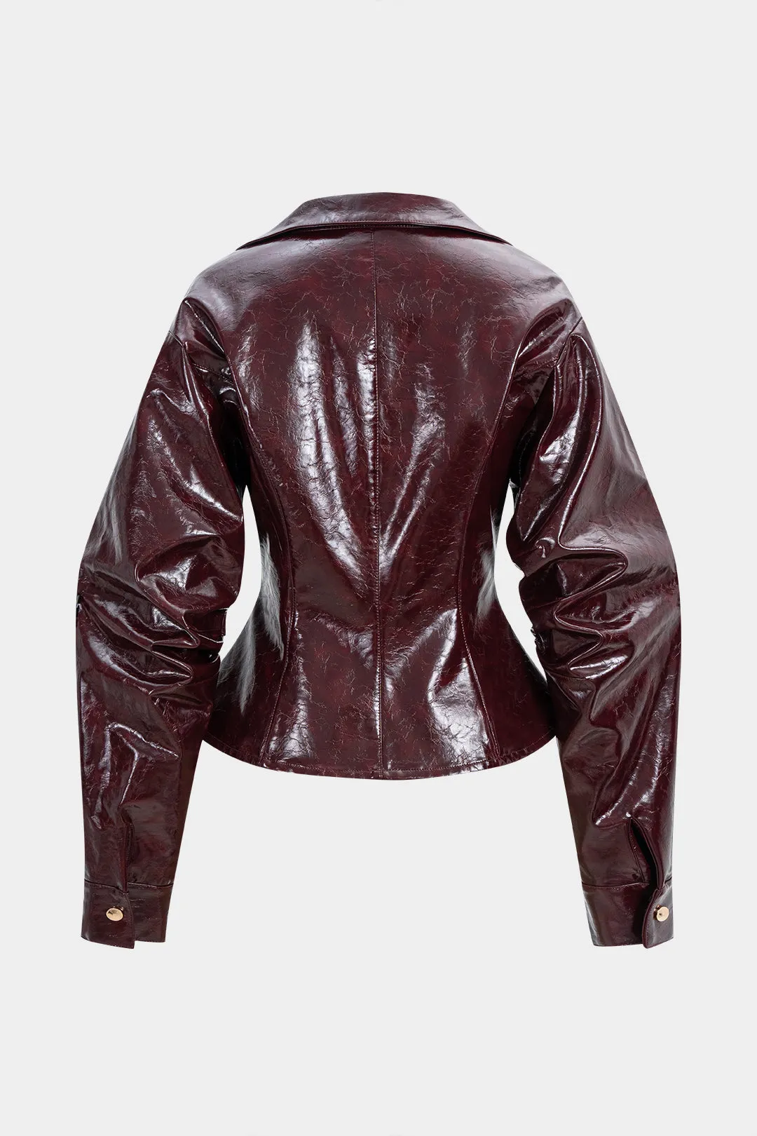 Faux Leather V-Neck Metallic Button Ruched Jacket sold by Micas product image thumbnail 2